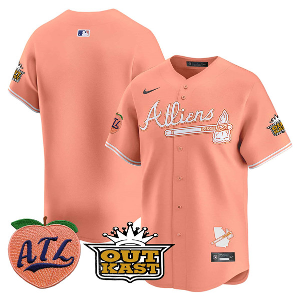 Men's Peach Atlanta Braves Blank 2024 Atliens & Peach With Outkast Patch Vapor Limited Stitched Baseball Jersey
